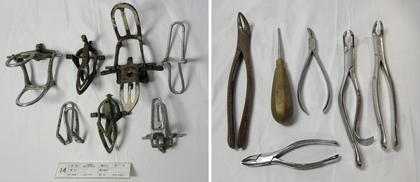 현재 치의학 역사관에 전시되어 있는 물품 (좌 : 교합기 / 우 : 발치겸자 등 외과 기구)